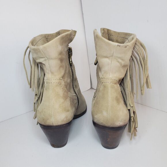 Sam Edelman Louie Western Ankle Boot Beige Fringe Stacked Heel Size 8 - Picture 16 of 16